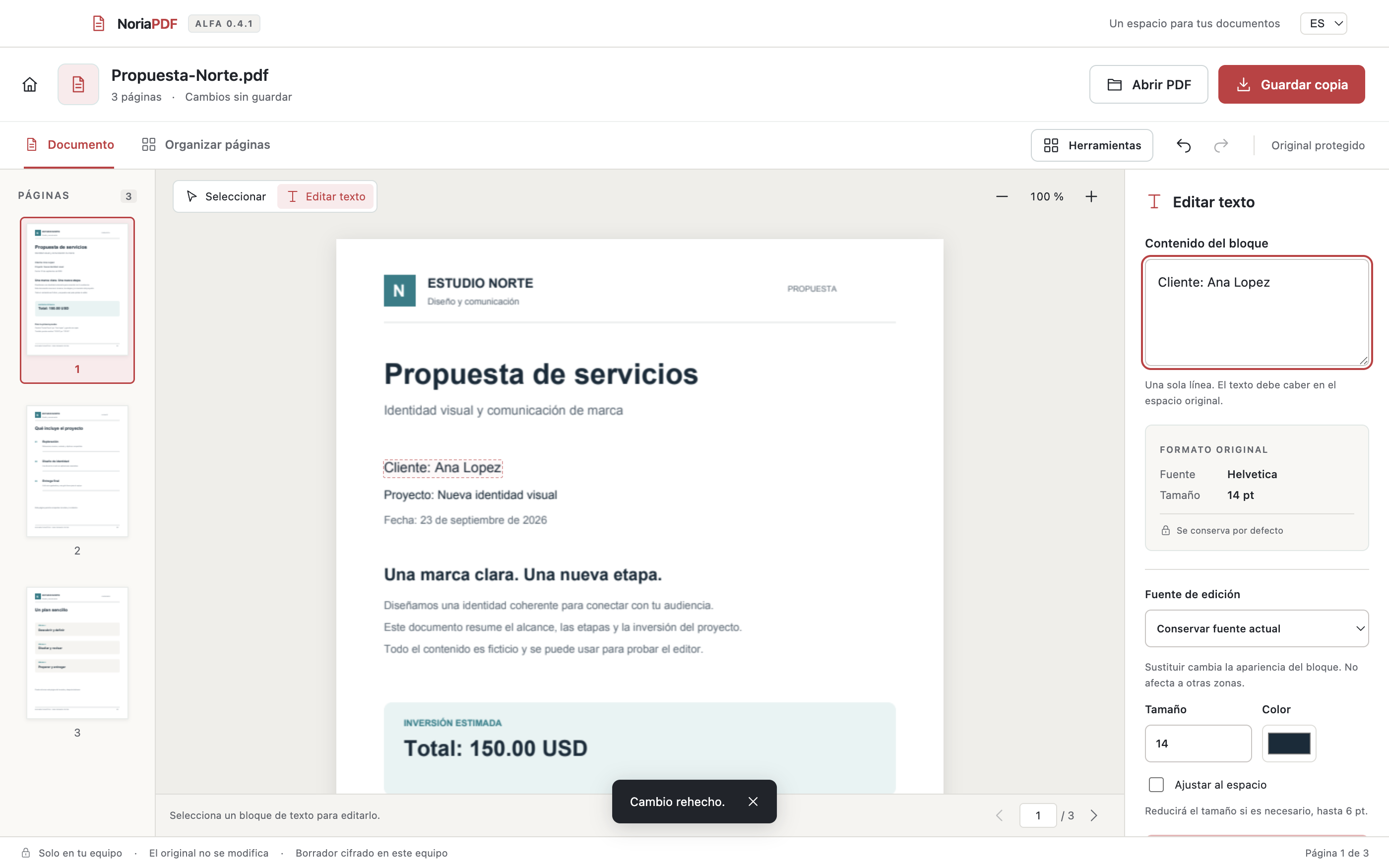 NoriaPDF on Mac: page thumbnails on the left, a document in the center and a text editing panel on the right.