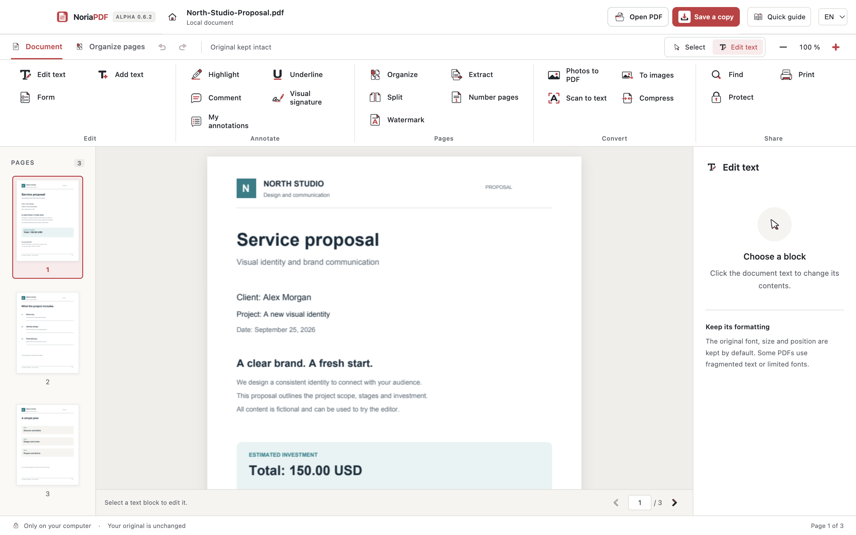 NoriaPDF editor with a visible tool ribbon, page thumbnails and a fictional document.