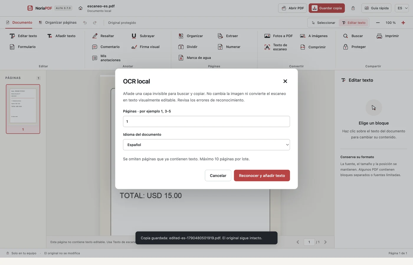 Herramienta de OCR local aplicada a un recibo ficticio en español.