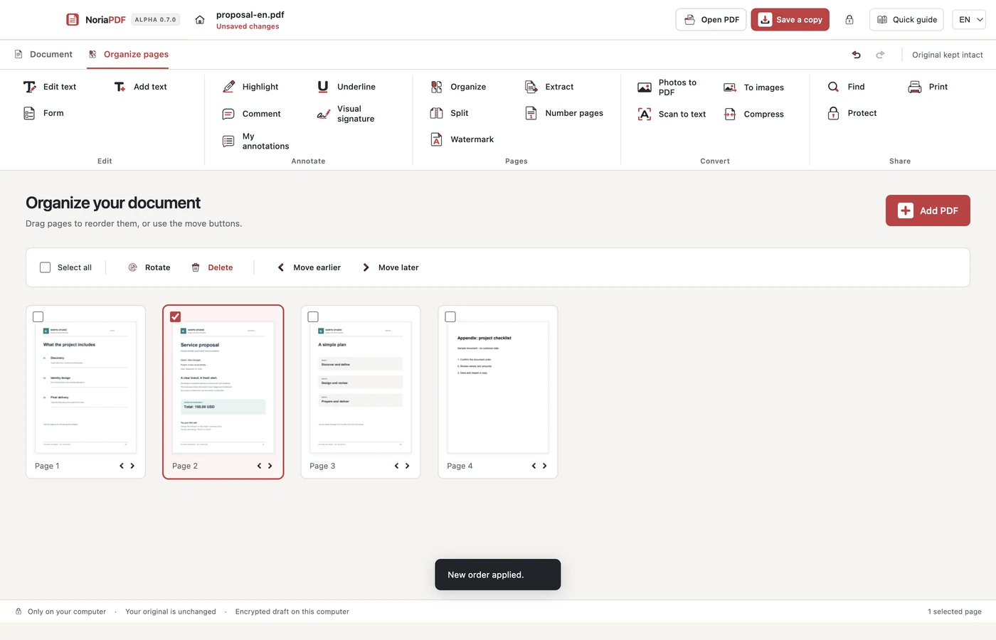 NoriaPDF page view with a fictional proposal and an added appendix.