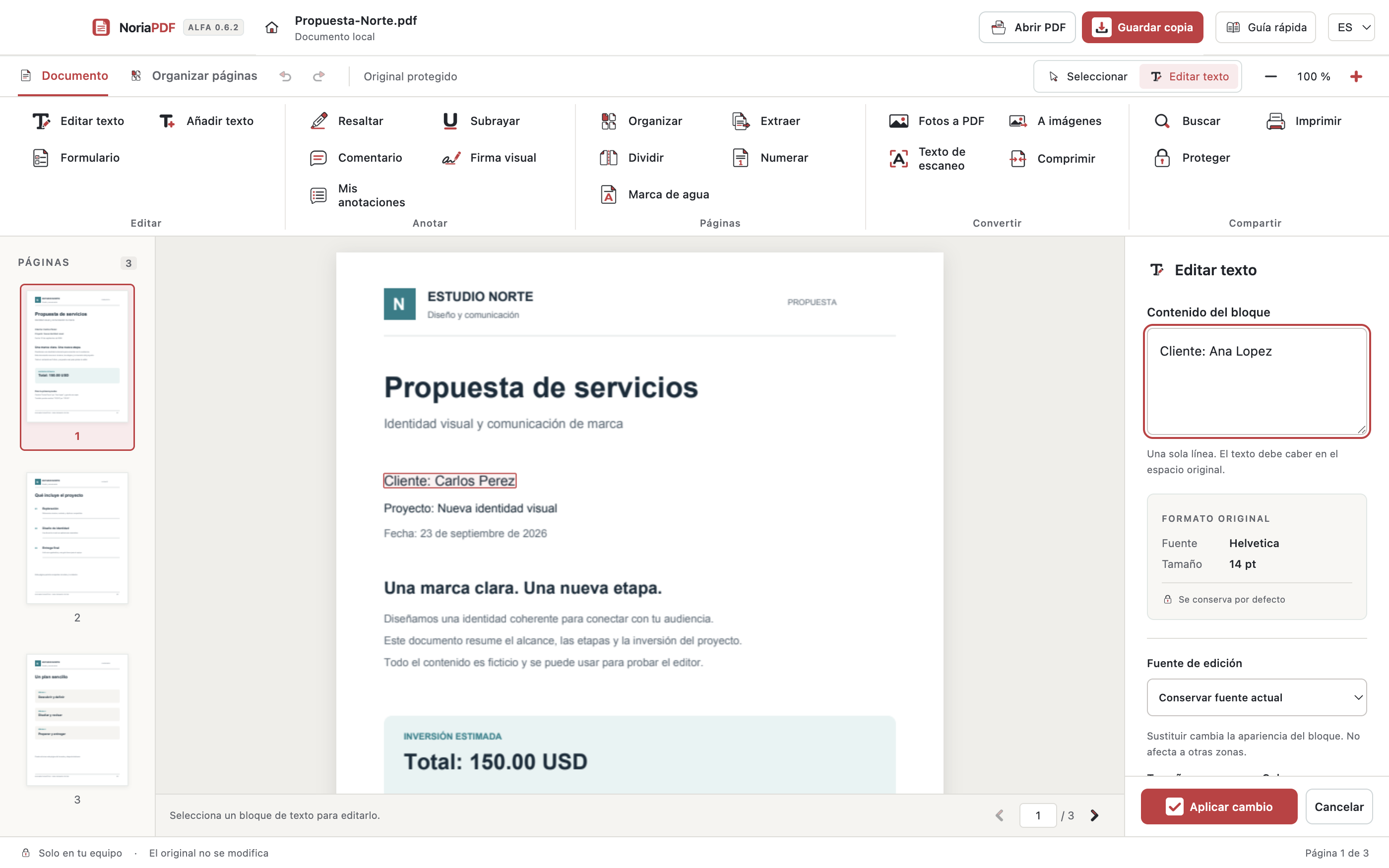 Edición de texto en NoriaPDF con Aplicar cambio y Cancelar siempre visibles junto al documento.