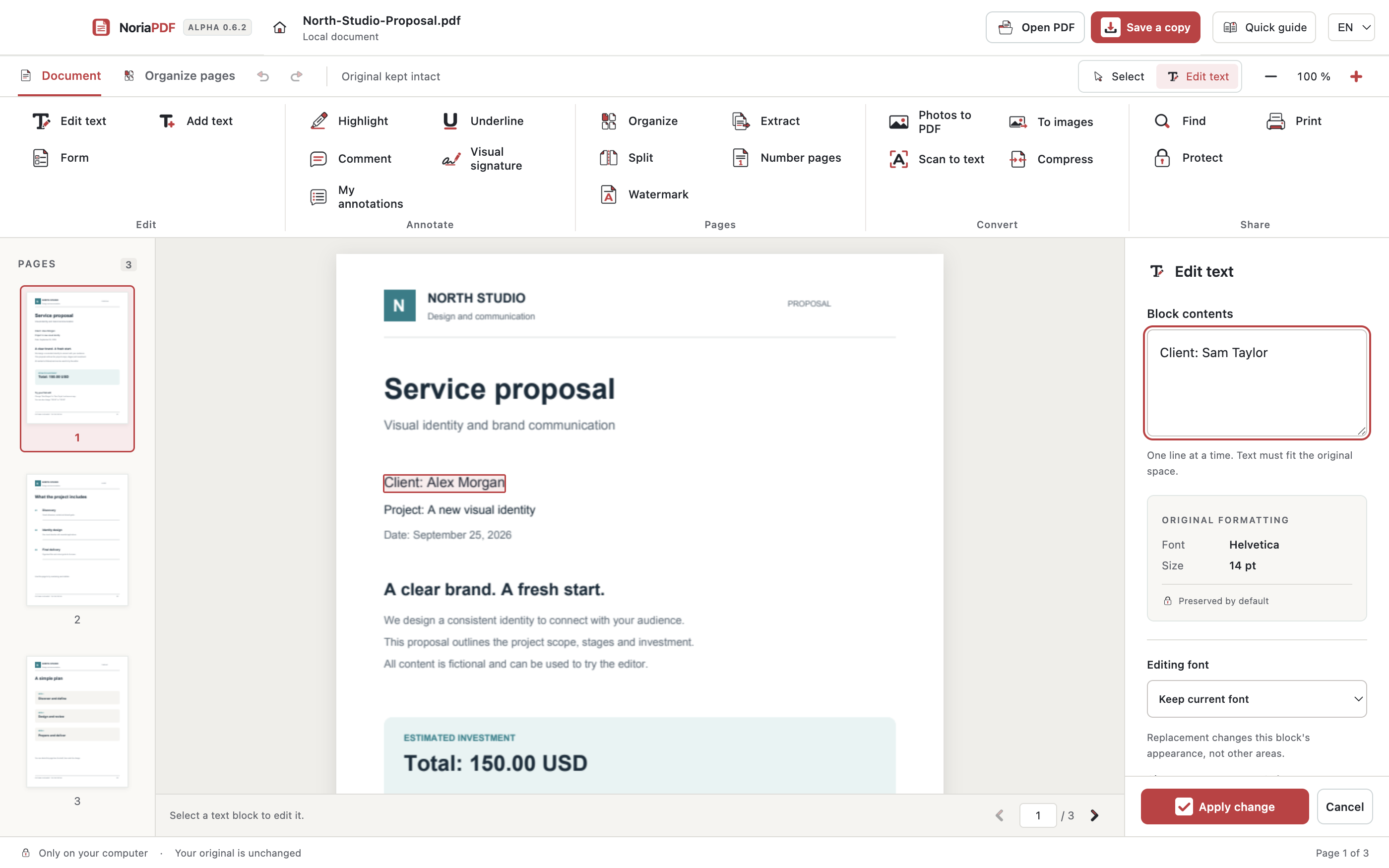 NoriaPDF text editing with Apply change and Cancel always visible beside the document.